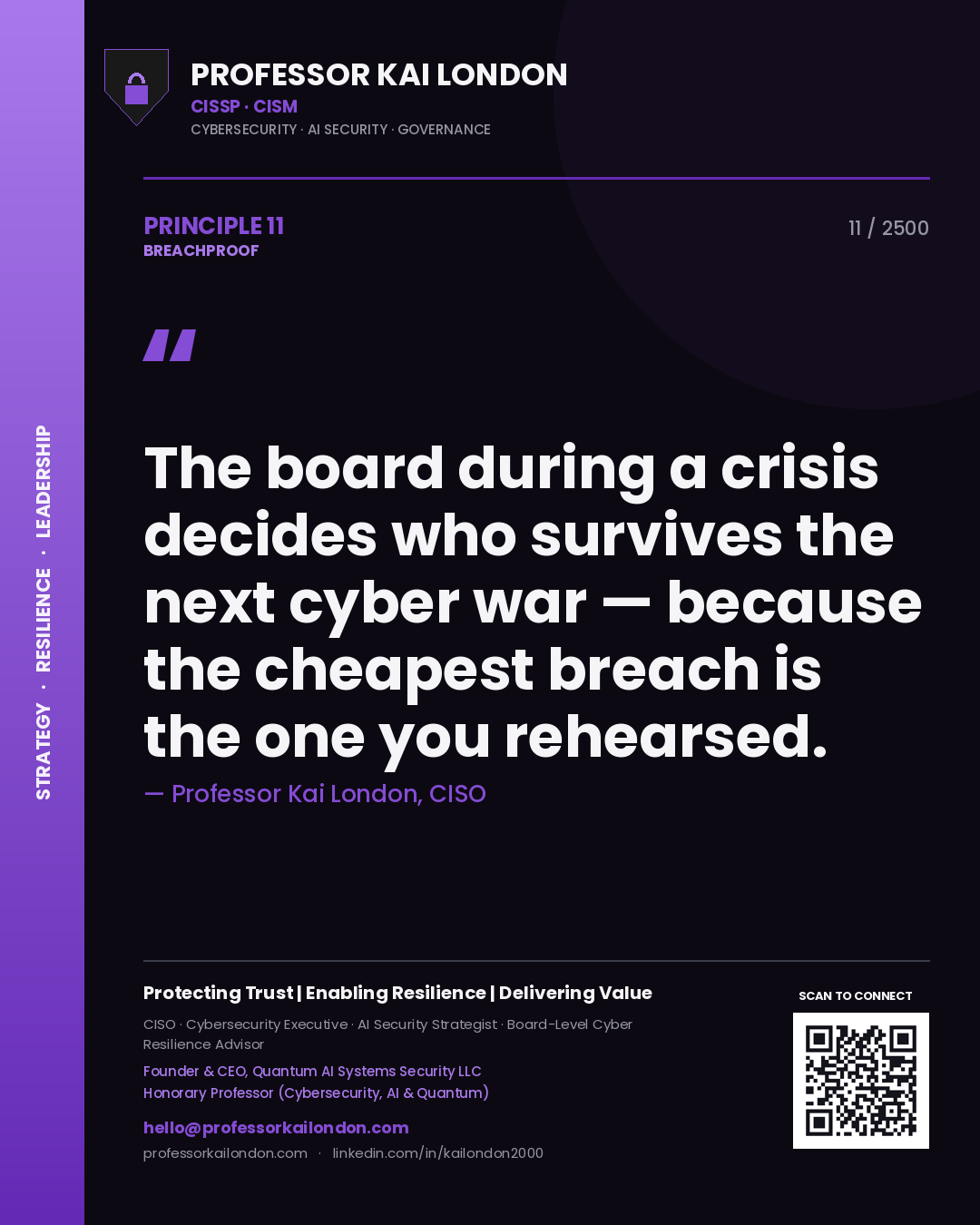 Quote card by Professor Kai London reading 'The board during a crisis decides who survives the next cyber war — because the cheapest breach is the one you rehearsed.'. From the book Breachproof.
