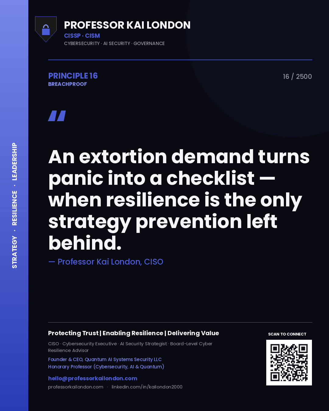 Quote card by Professor Kai London reading 'An extortion demand turns panic into a checklist — when resilience is the only strategy prevention left behind.'. From the book Breachproof.