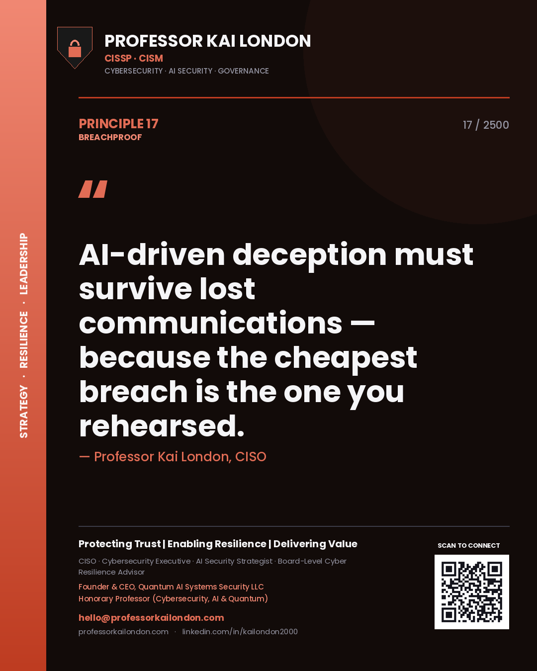 Quote card by Professor Kai London reading 'AI-driven deception must survive lost communications — because the cheapest breach is the one you rehearsed.'. From the book Breachproof.