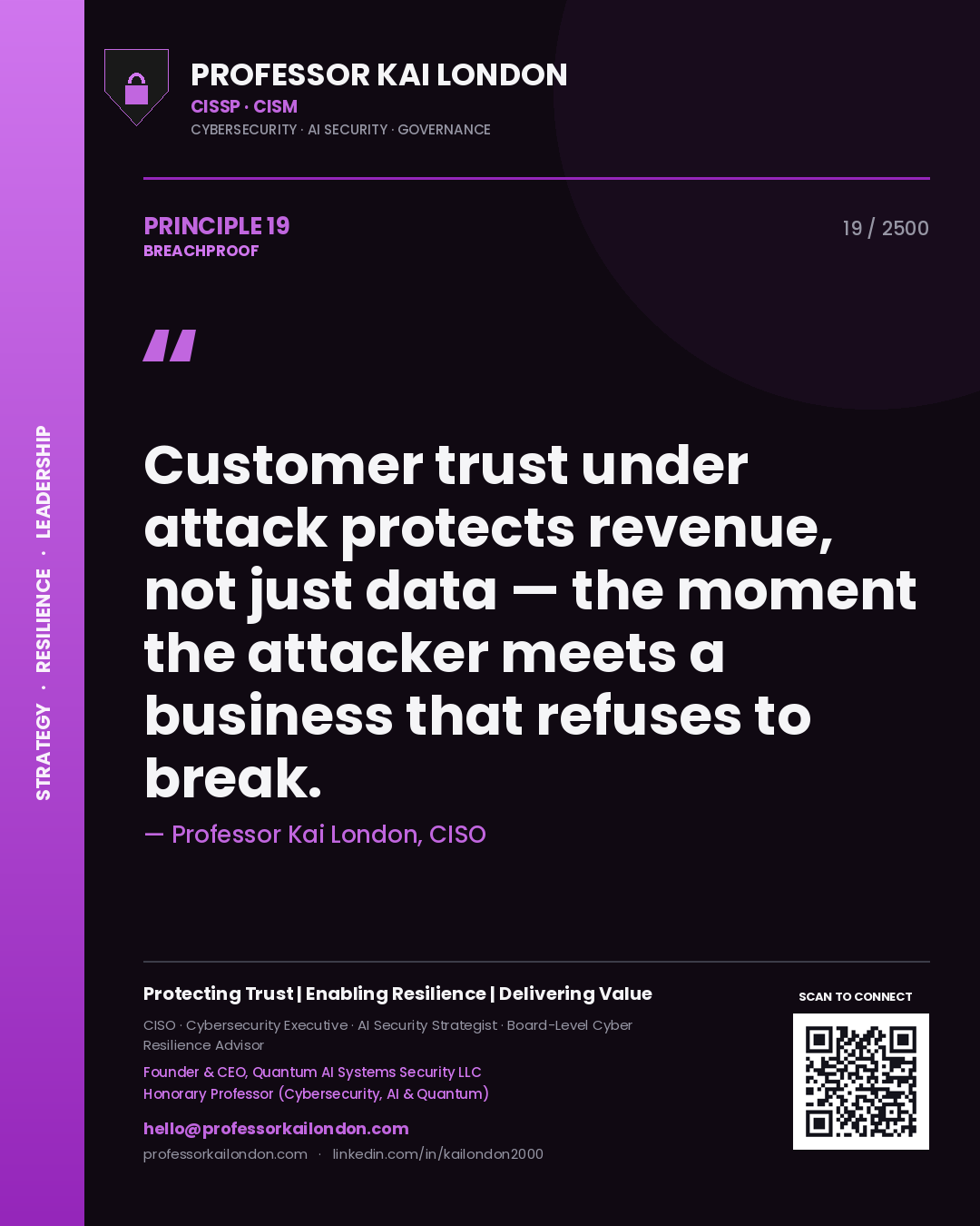 Quote card by Professor Kai London reading 'Customer trust under attack protects revenue, not just data — the moment the attacker meets a business that refuses to break.'. From the book Breachproof.