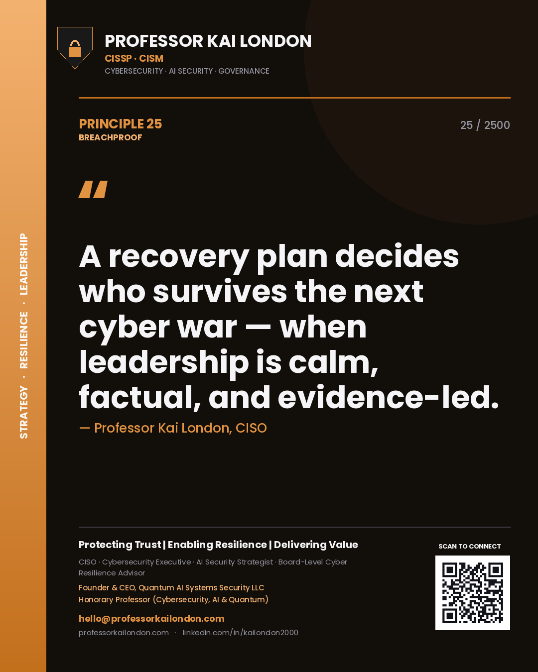 Quote card by Professor Kai London reading 'A recovery plan decides who survives the next cyber war — when leadership is calm, factual, and evidence-led.'. From the book Breachproof.