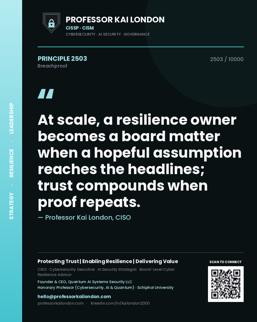 Professor Kai London principle 2503: At scale, a resilience owner becomes a board matter when a hopeful assumption reaches the headlines; trust compounds when proof repeats.