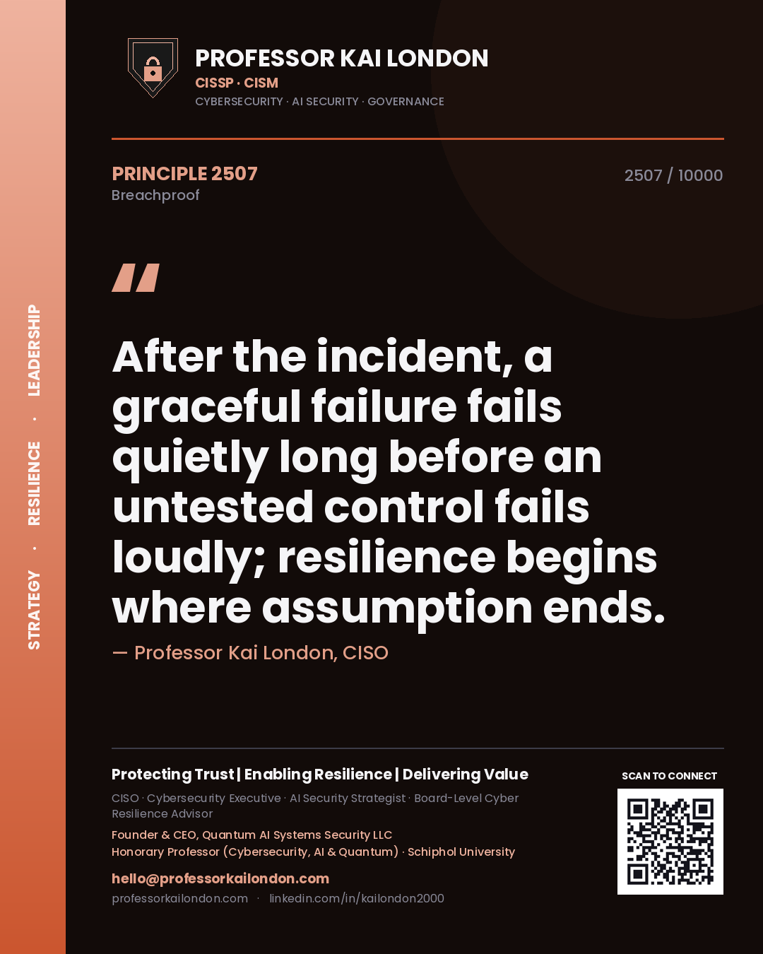 Professor Kai London principle 2507: After the incident, a graceful failure fails quietly long before an untested control fails loudly; resilience begins where assumption ends.