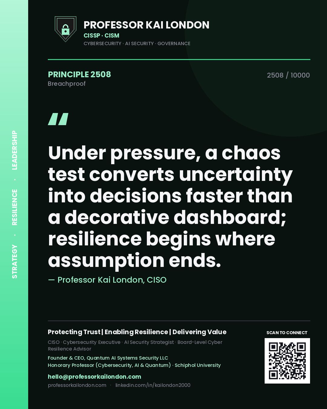 Professor Kai London principle 2508: Under pressure, a chaos test converts uncertainty into decisions faster than a decorative dashboard; resilience begins where assumption ends.