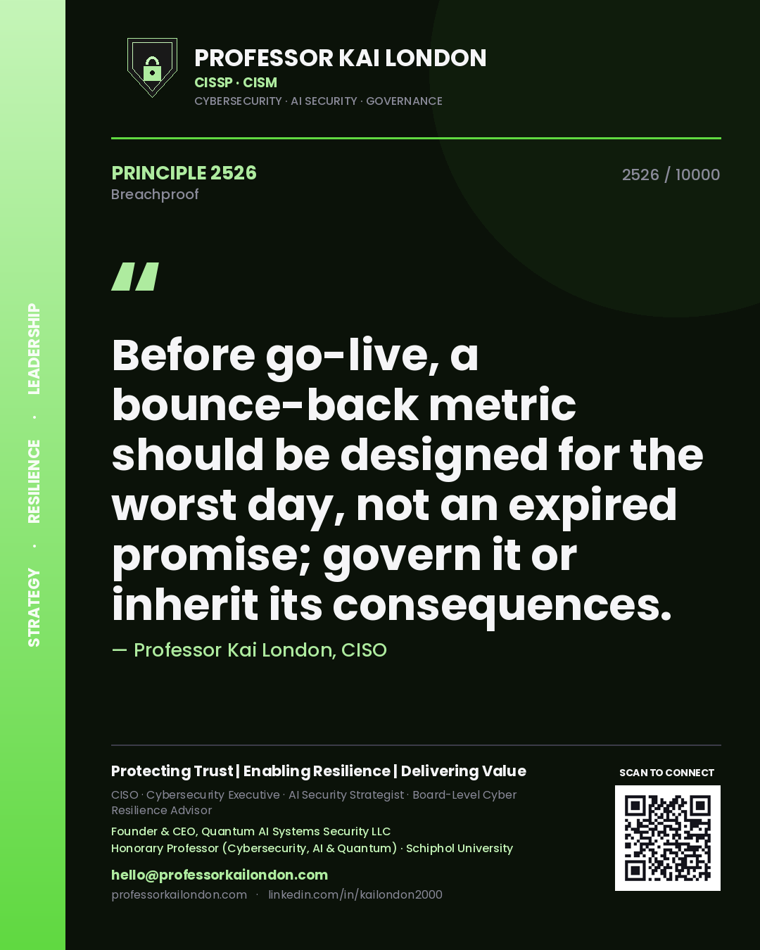 Quote card by Professor Kai London reading 'Before go-live, a bounce-back metric should be designed for the worst day, not an expired promise; govern it or inherit its consequences.'. From the book Breachproof.