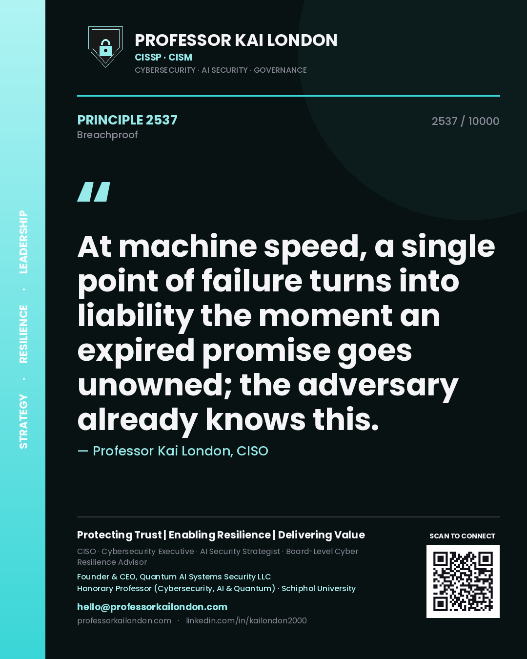 Professor Kai London principle 2537: At machine speed, a single point of failure turns into liability the moment an expired promise goes unowned; the adversary already knows this.