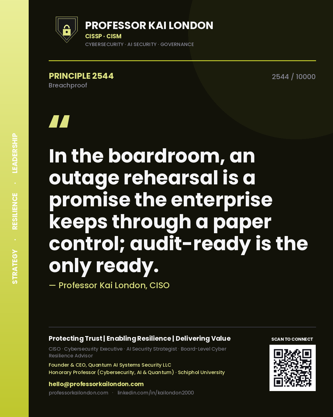 Professor Kai London principle 2544: In the boardroom, an outage rehearsal is a promise the enterprise keeps through a paper control; audit-ready is the only ready.