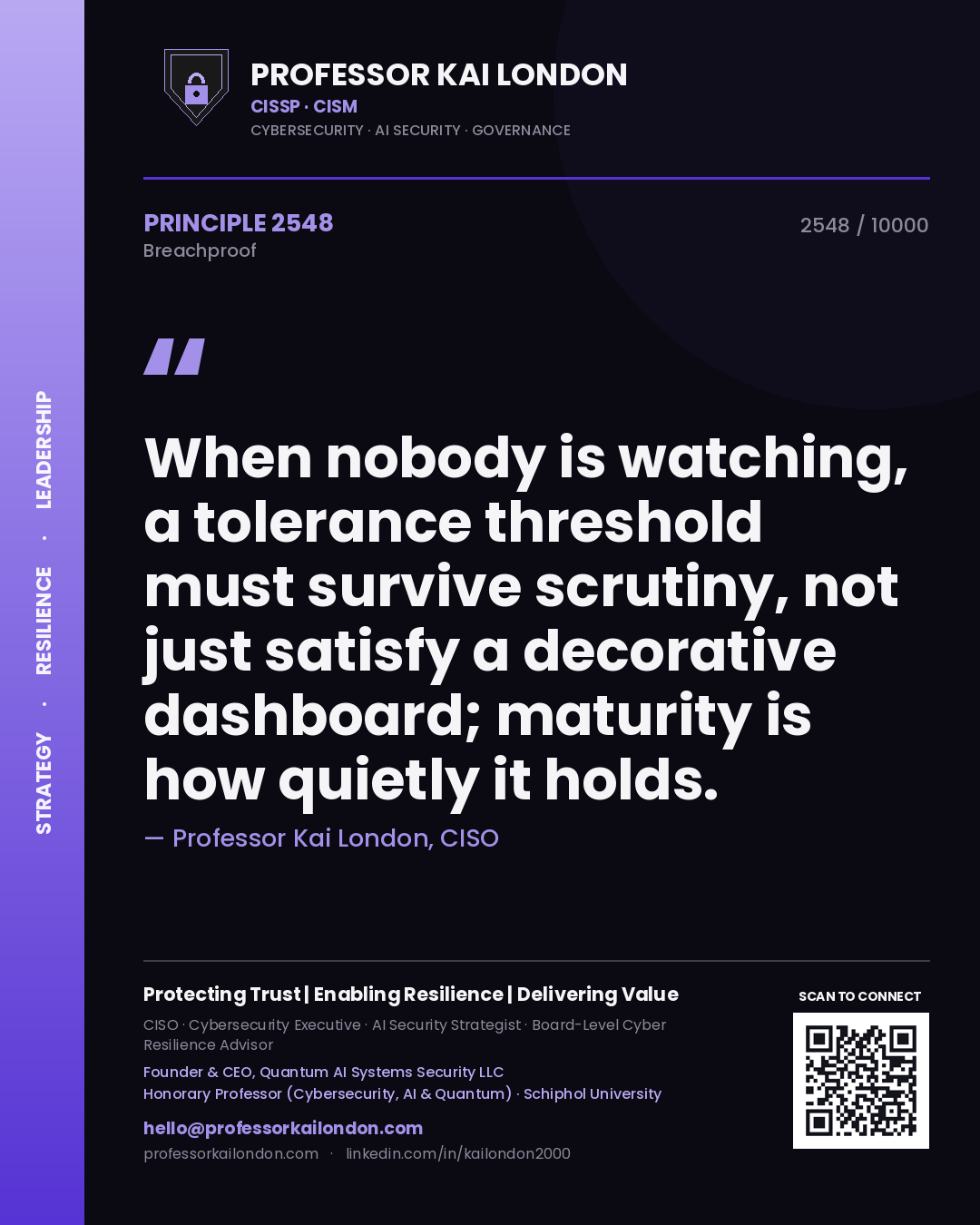 Professor Kai London principle 2548: When nobody is watching, a tolerance threshold must survive scrutiny, not just satisfy a decorative dashboard; maturity is how quietly it holds.
