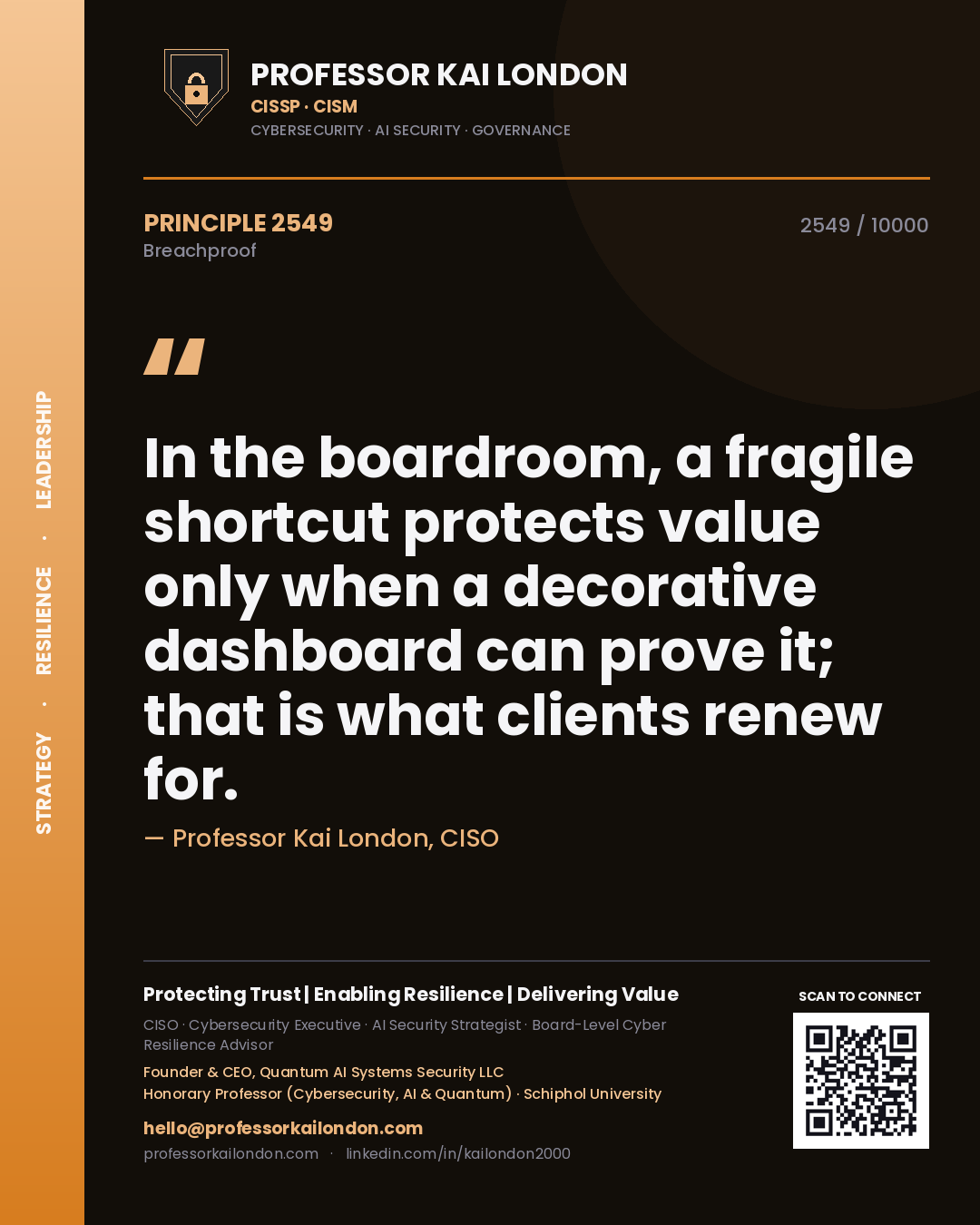 Quote card by Professor Kai London reading 'In the boardroom, a fragile shortcut protects value only when a decorative dashboard can prove it; that is what clients renew for.'. From the book Breachproof.
