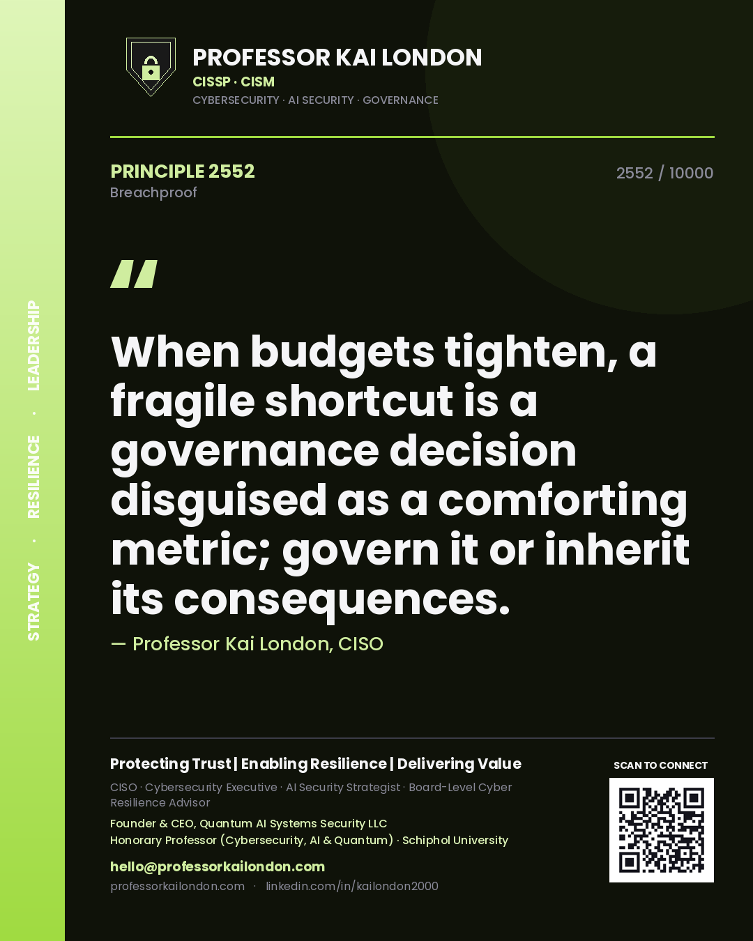 Quote card by Professor Kai London reading 'When budgets tighten, a fragile shortcut is a governance decision disguised as a comforting metric; govern it or inherit its consequences.'. From the book Breachproof.