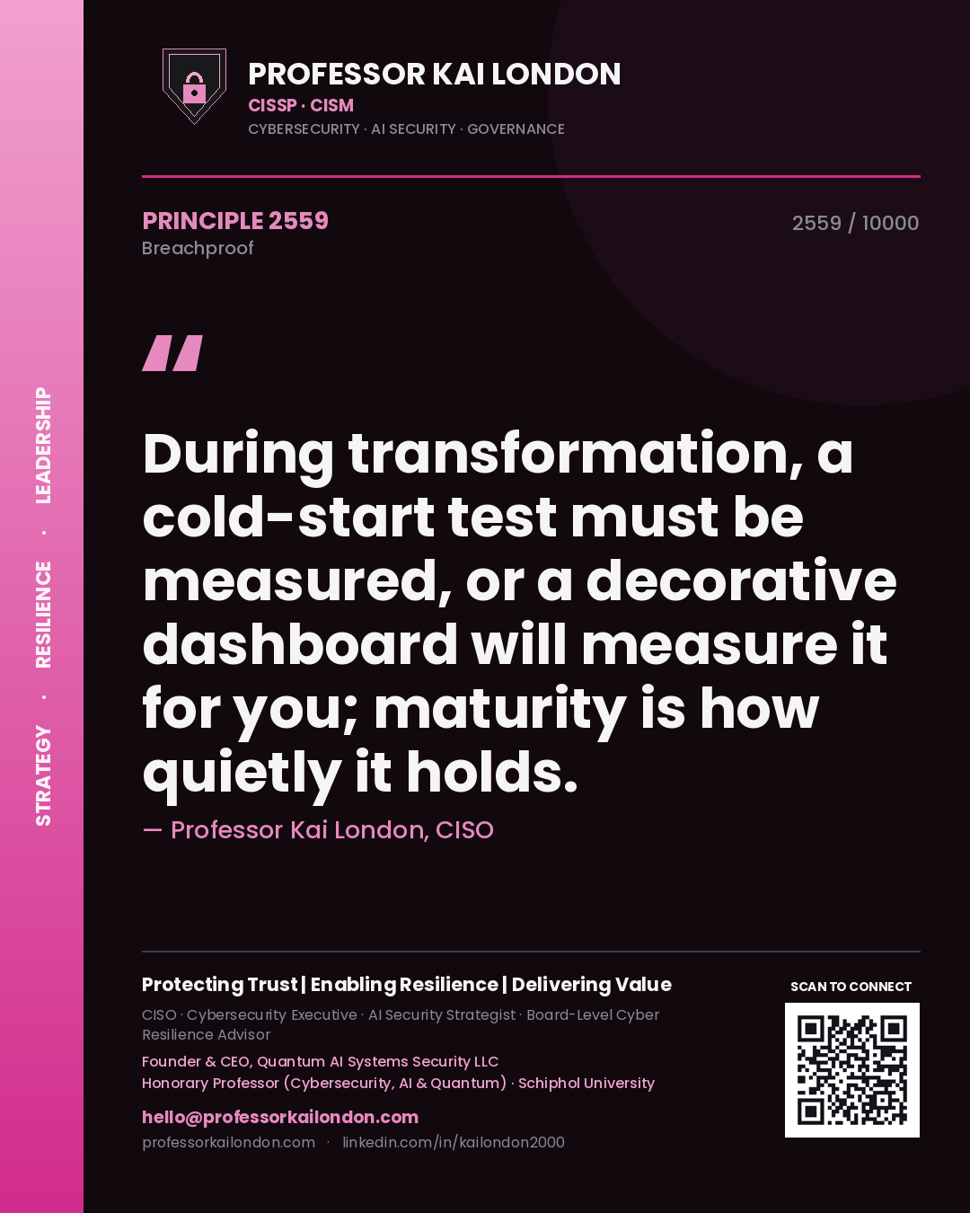 Quote card by Professor Kai London reading 'During transformation, a cold-start test must be measured, or a decorative dashboard will measure it for you; maturity is how quietly it holds.'. From the book Breachproof.