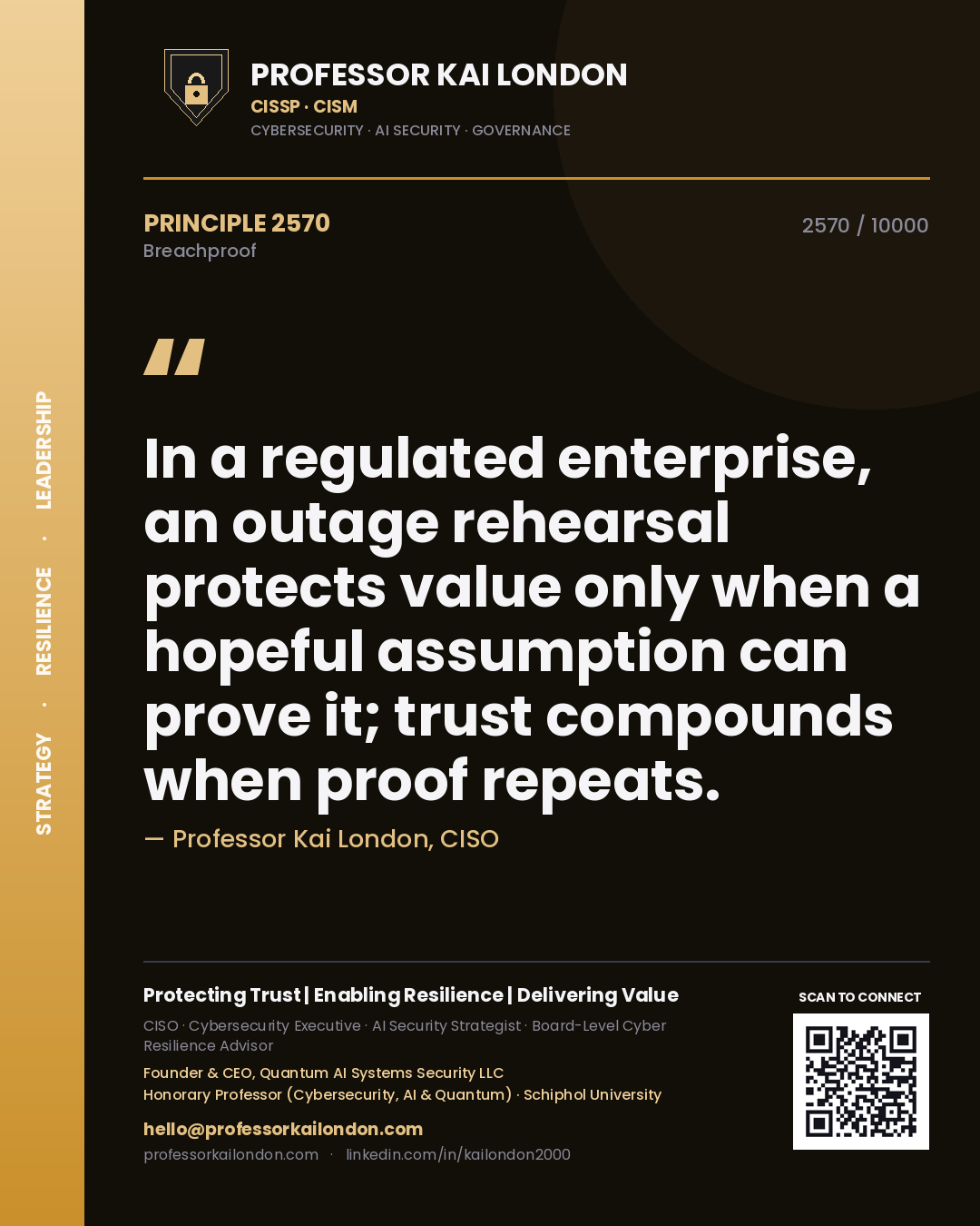 Quote card by Professor Kai London reading 'In a regulated enterprise, an outage rehearsal protects value only when a hopeful assumption can prove it; trust compounds when proof repeats.'. From the book Breachproof.