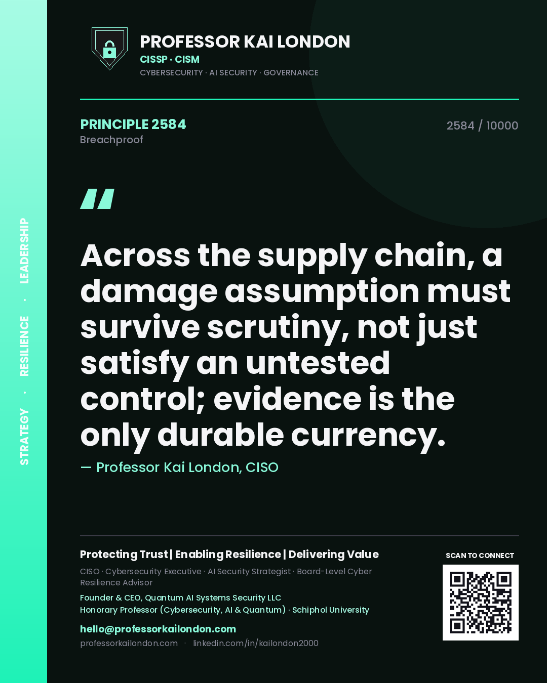 Quote card by Professor Kai London reading 'Across the supply chain, a damage assumption must survive scrutiny, not just satisfy an untested control; evidence is the only durable currency.'. From the book Breachproof.