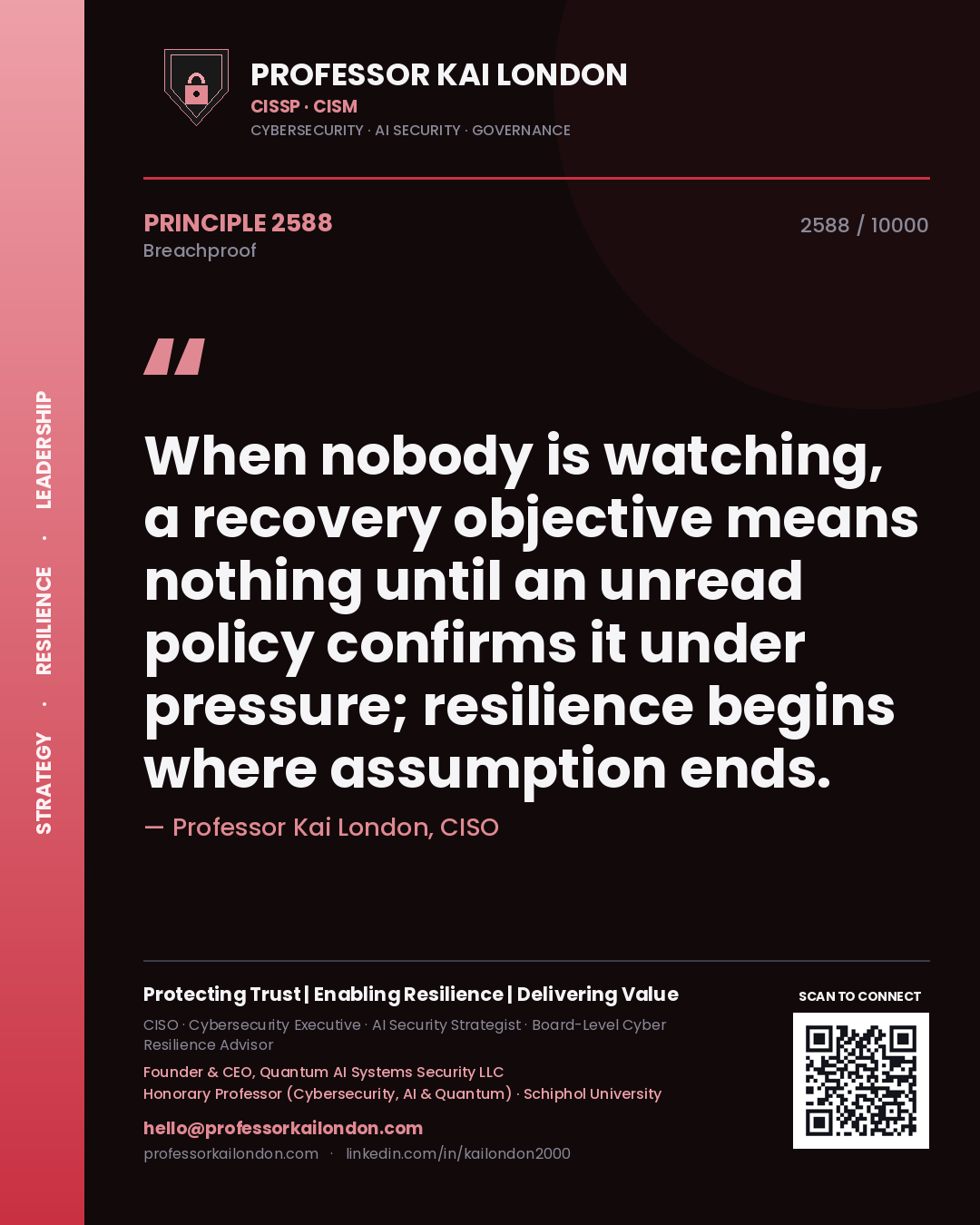 Professor Kai London principle 2588: When nobody is watching, a recovery objective means nothing until an unread policy confirms it under pressure; resilience begins where assumption ends.