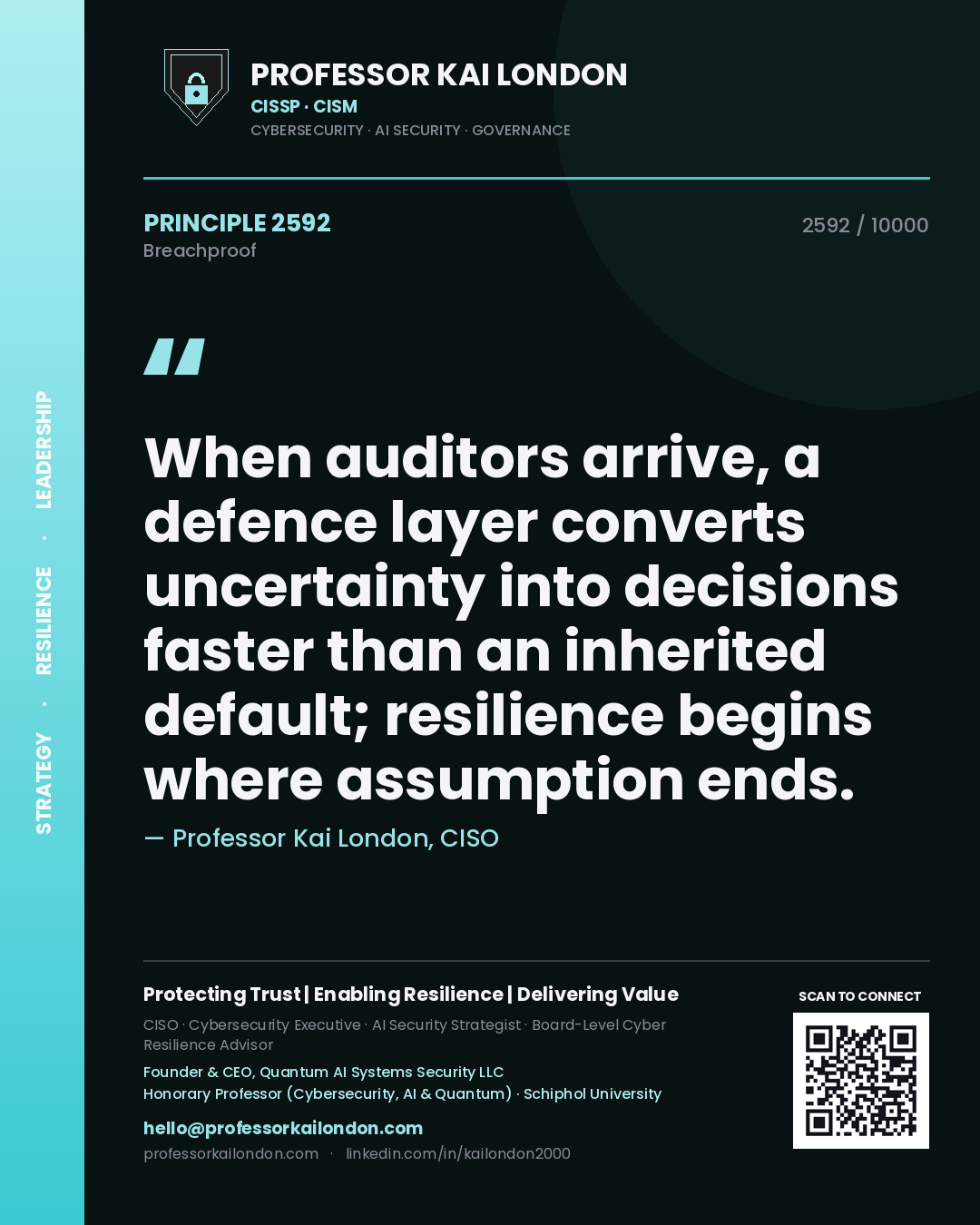 Professor Kai London principle 2592: When auditors arrive, a defence layer converts uncertainty into decisions faster than an inherited default; resilience begins where assumption ends.