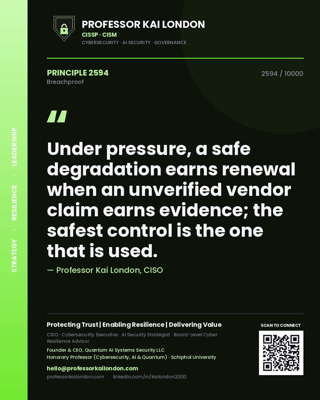 Professor Kai London principle 2594: Under pressure, a safe degradation earns renewal when an unverified vendor claim earns evidence; the safest control is the one that is used.