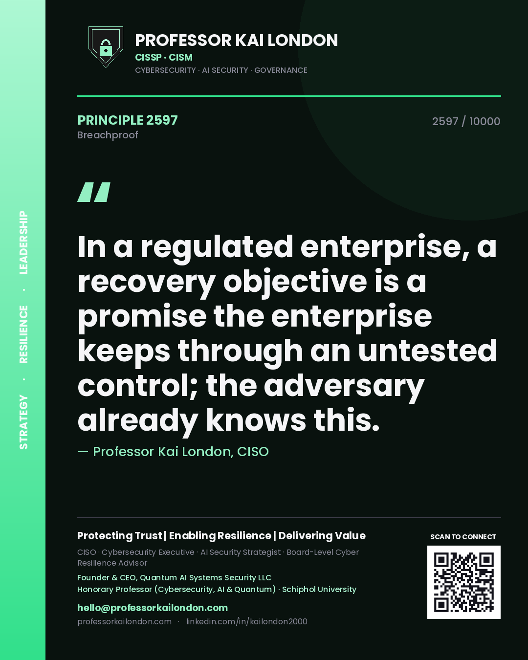 Quote card by Professor Kai London reading 'In a regulated enterprise, a recovery objective is a promise the enterprise keeps through an untested control; the adversary already knows this.'. From the book Breachproof.