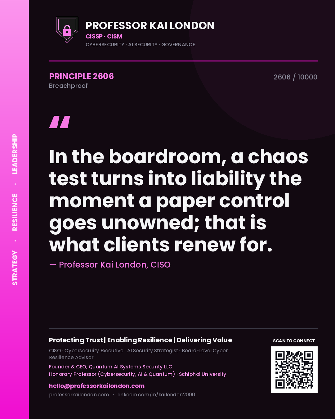 Professor Kai London principle 2606: In the boardroom, a chaos test turns into liability the moment a paper control goes unowned; that is what clients renew for.