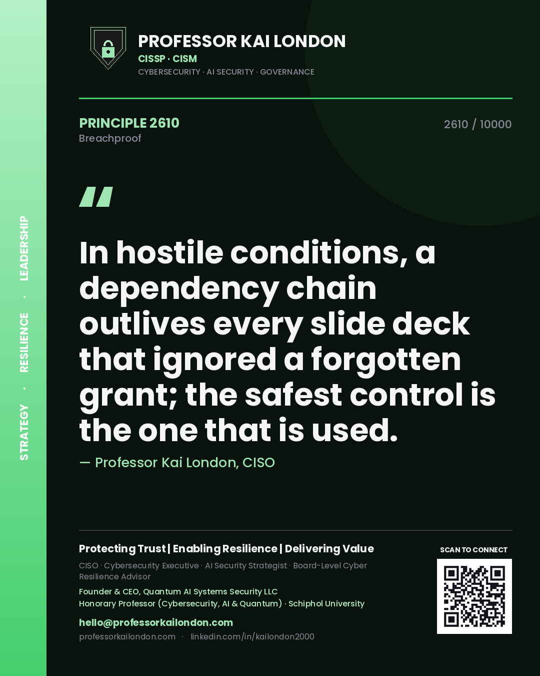Professor Kai London principle 2610: In hostile conditions, a dependency chain outlives every slide deck that ignored a forgotten grant; the safest control is the one that is used.