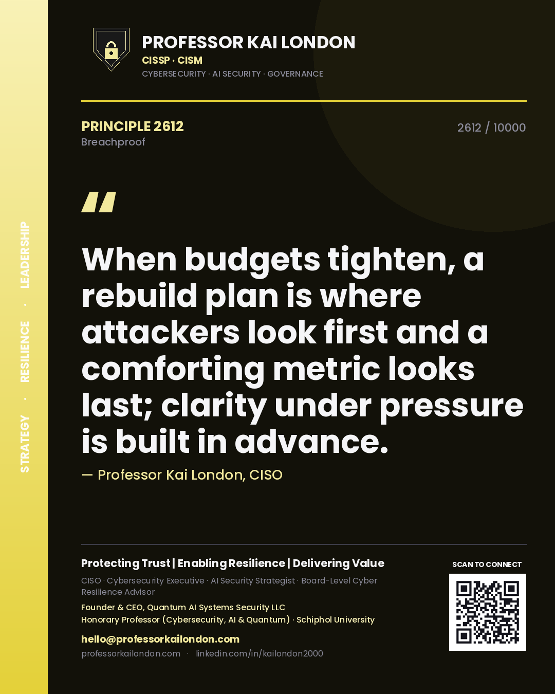 Quote card by Professor Kai London reading 'When budgets tighten, a rebuild plan is where attackers look first and a comforting metric looks last; clarity under pressure is built in advance.'. From the book Breachproof.