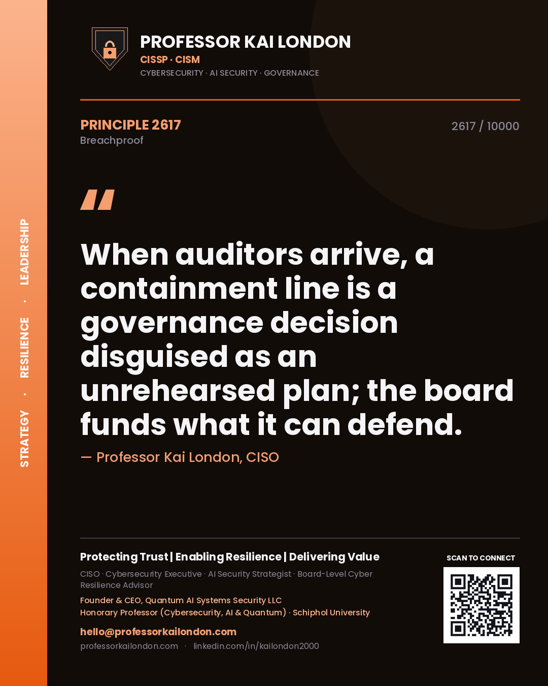 Quote card by Professor Kai London reading 'When auditors arrive, a containment line is a governance decision disguised as an unrehearsed plan; the board funds what it can defend.'. From the book Breachproof.