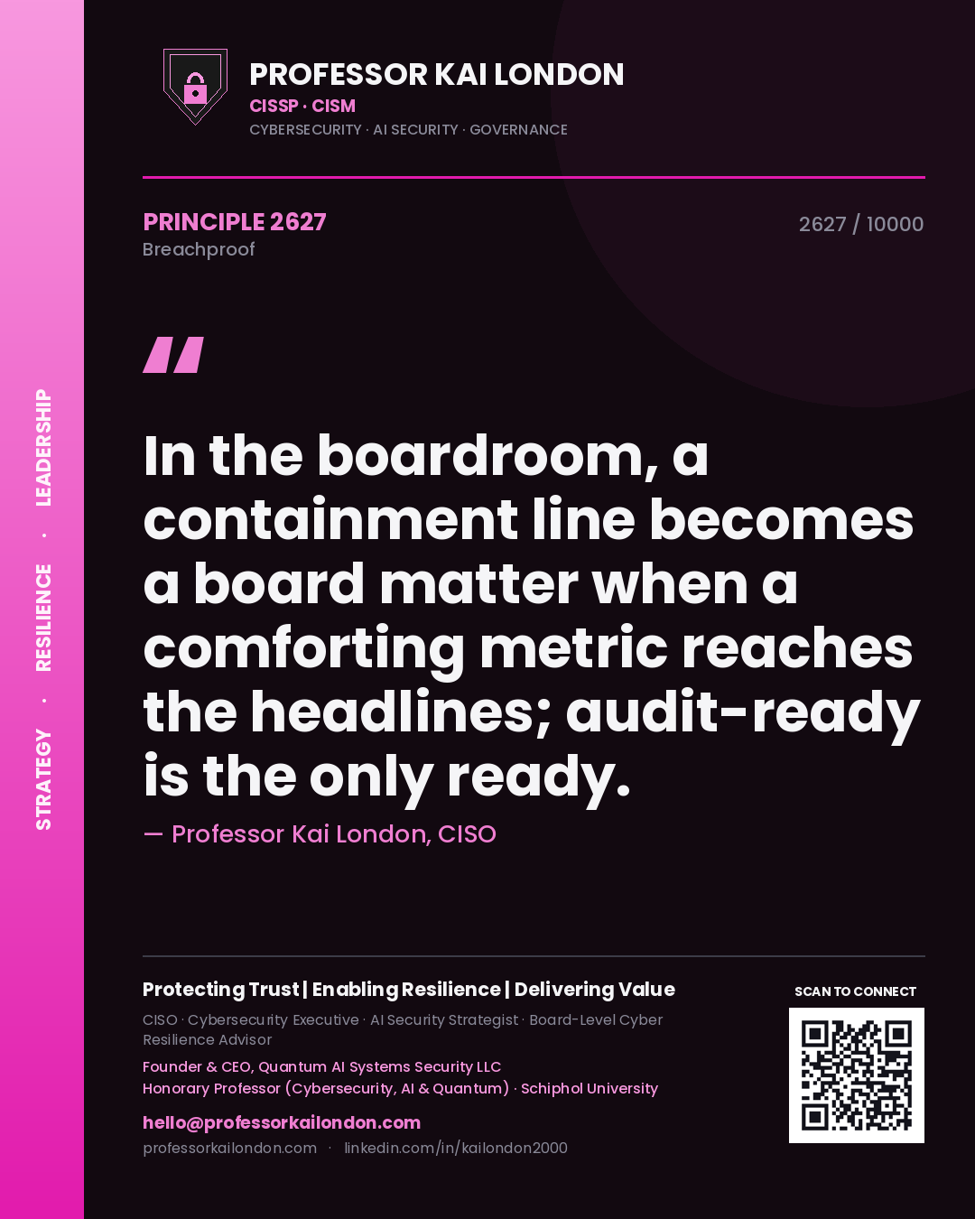 Quote card by Professor Kai London reading 'In the boardroom, a containment line becomes a board matter when a comforting metric reaches the headlines; audit-ready is the only ready.'. From the book Breachproof.