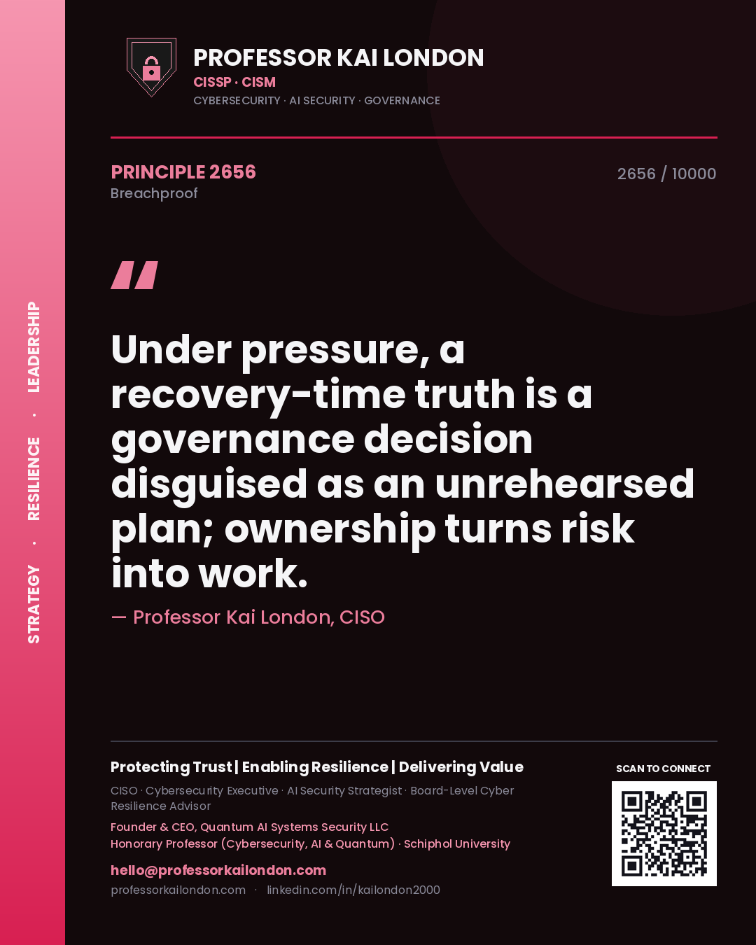 Professor Kai London principle 2656: Under pressure, a recovery-time truth is a governance decision disguised as an unrehearsed plan; ownership turns risk into work.
