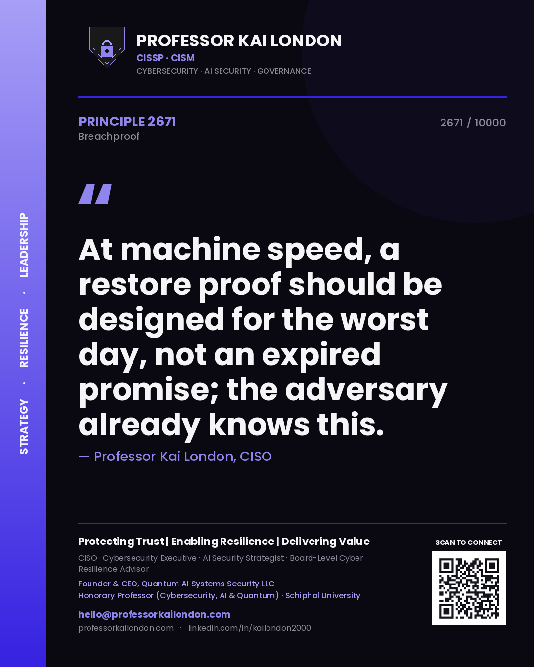 Professor Kai London principle 2671: At machine speed, a restore proof should be designed for the worst day, not an expired promise; the adversary already knows this.