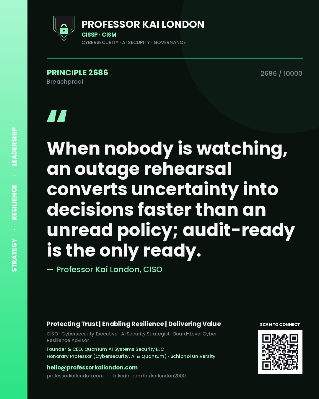Professor Kai London principle 2686: When nobody is watching, an outage rehearsal converts uncertainty into decisions faster than an unread policy; audit-ready is the only ready.