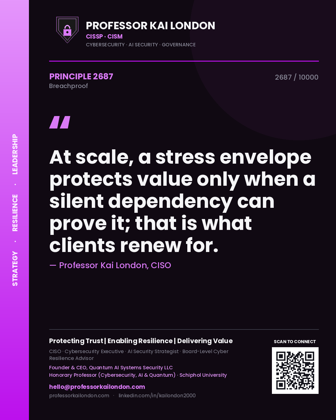 Quote card by Professor Kai London reading 'At scale, a stress envelope protects value only when a silent dependency can prove it; that is what clients renew for.'. From the book Breachproof.