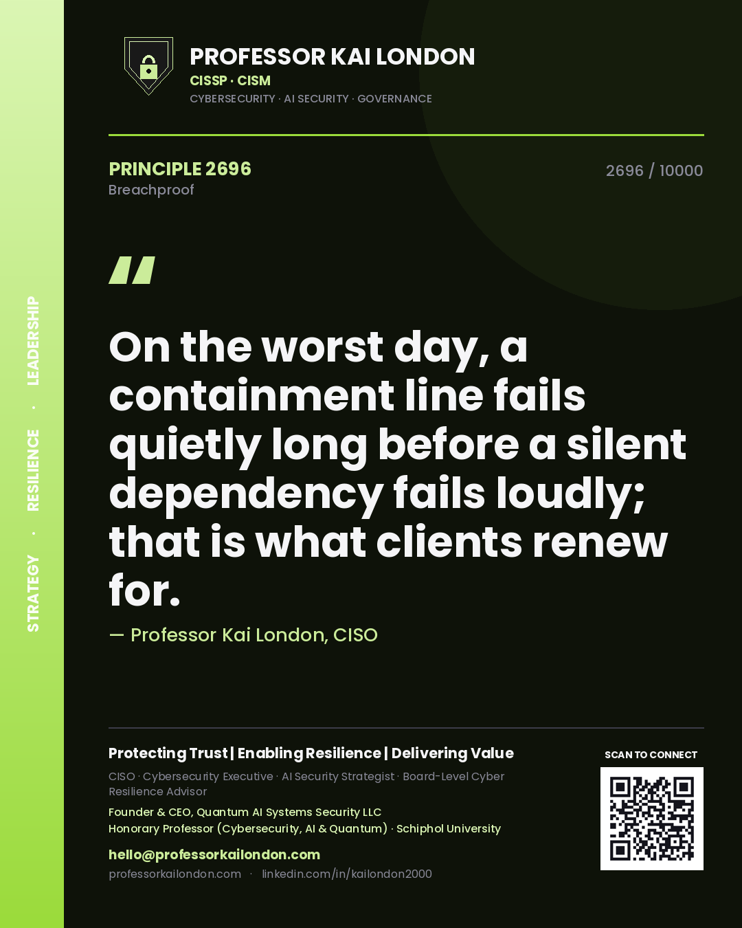 Professor Kai London principle 2696: On the worst day, a containment line fails quietly long before a silent dependency fails loudly; that is what clients renew for.