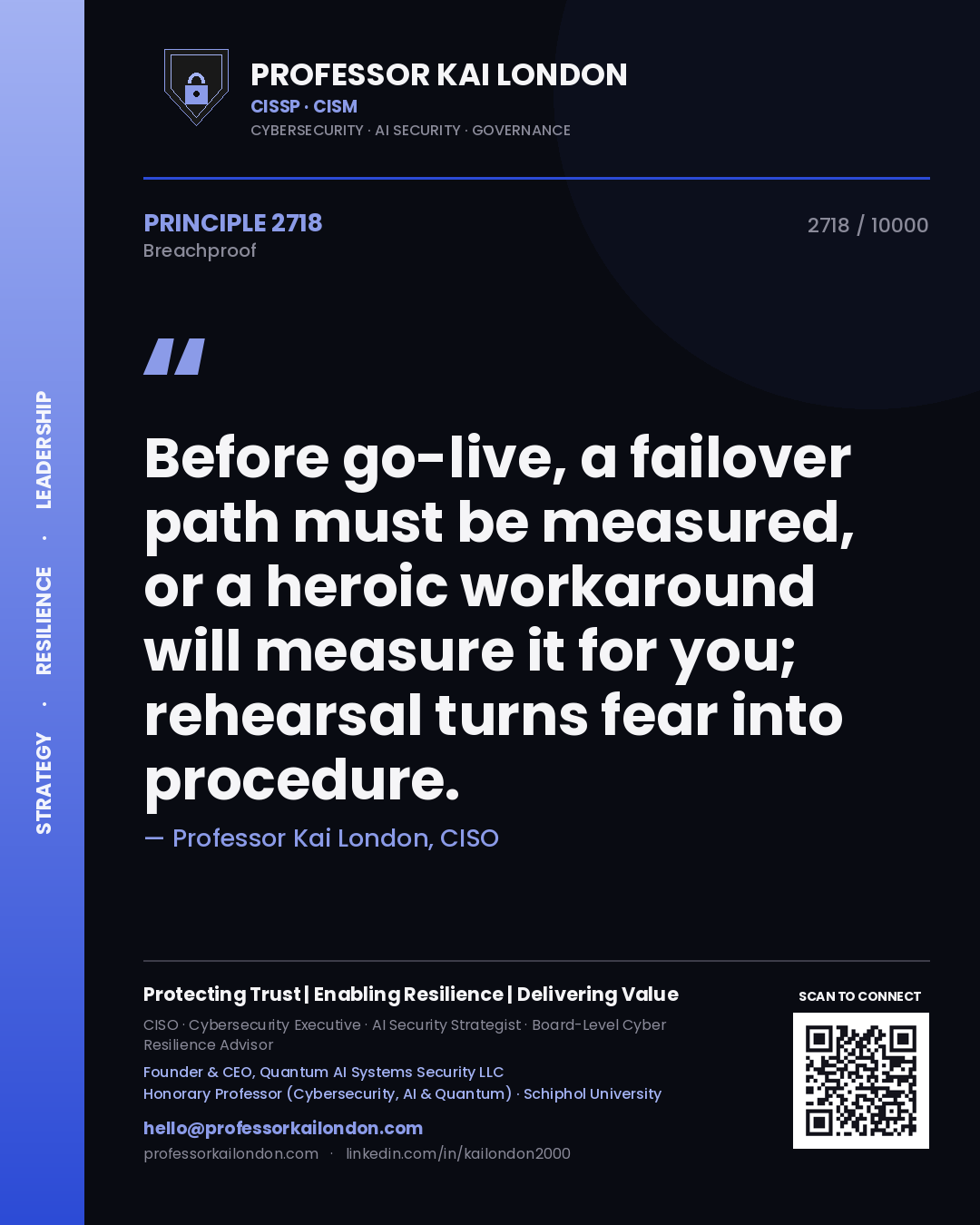 Professor Kai London principle 2718: Before go-live, a failover path must be measured, or a heroic workaround will measure it for you; rehearsal turns fear into procedure.