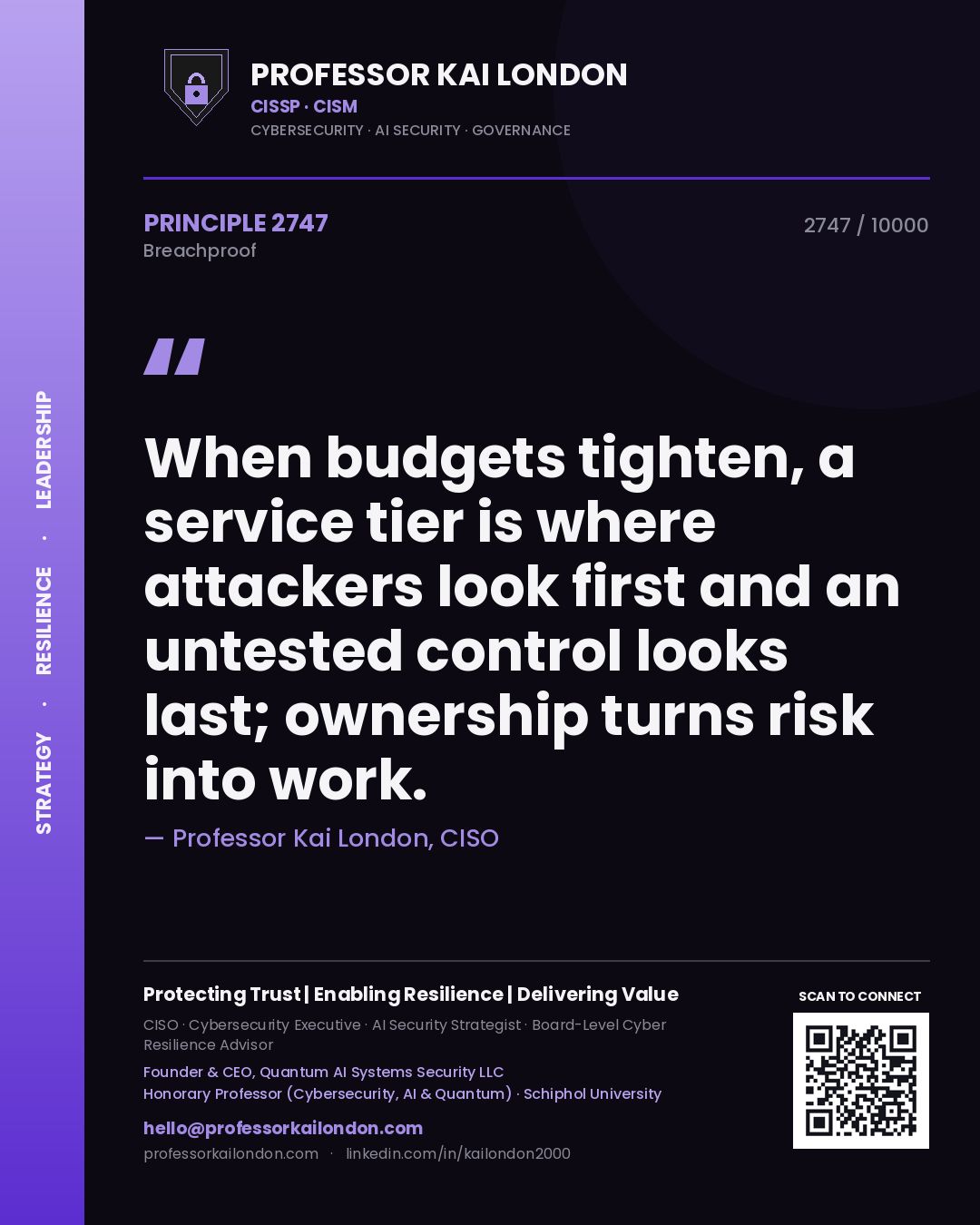 Quote card by Professor Kai London reading 'When budgets tighten, a service tier is where attackers look first and an untested control looks last; ownership turns risk into work.'. From the book Breachproof.