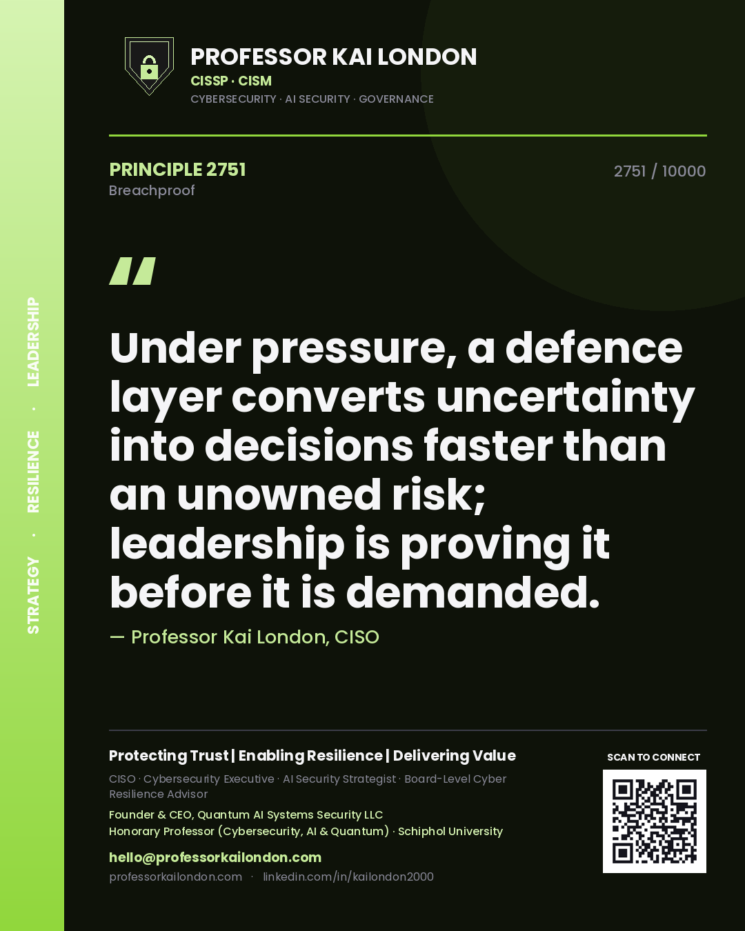 Professor Kai London principle 2751: Under pressure, a defence layer converts uncertainty into decisions faster than an unowned risk; leadership is proving it before it is demanded.