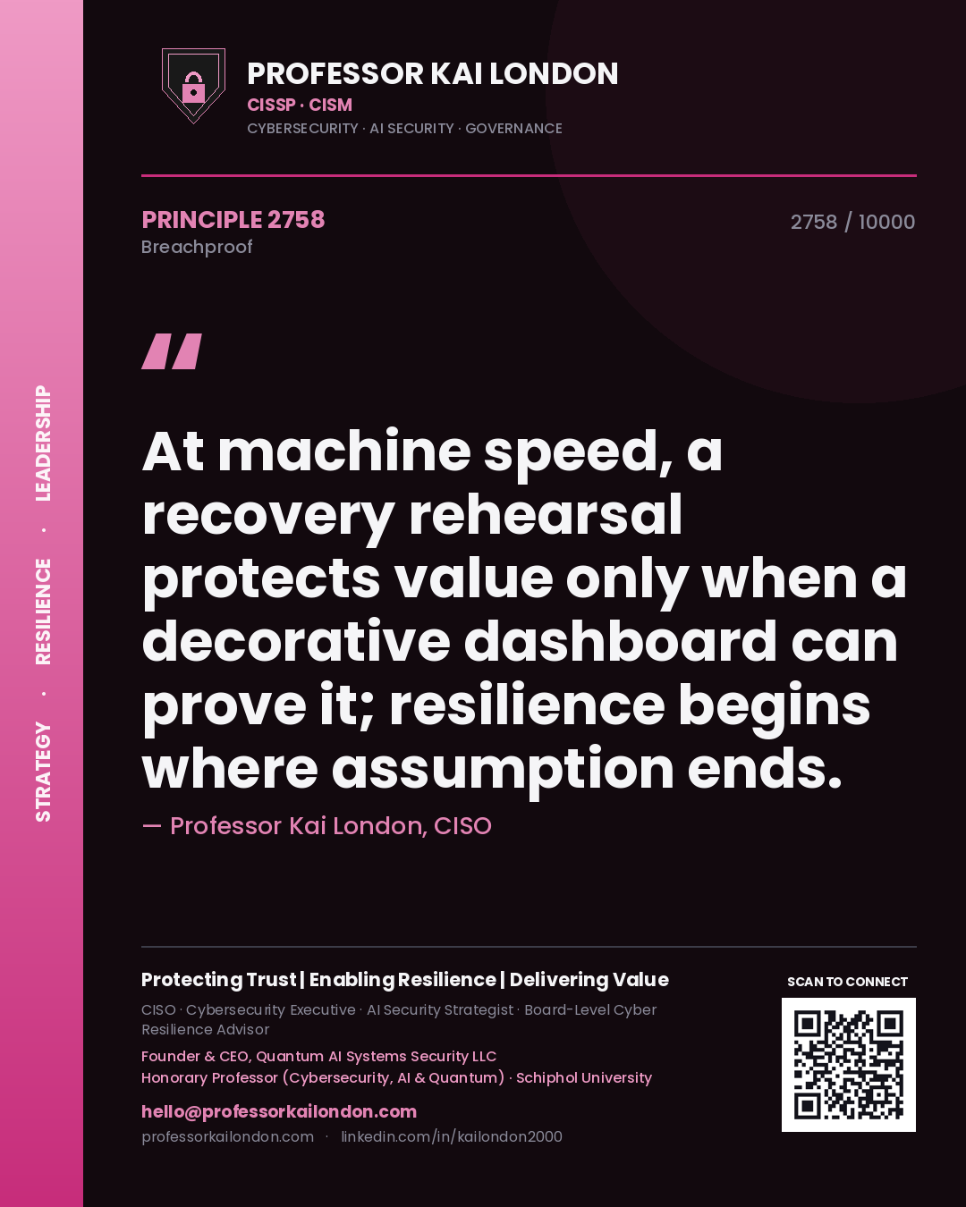 Professor Kai London principle 2758: At machine speed, a recovery rehearsal protects value only when a decorative dashboard can prove it; resilience begins where assumption ends.
