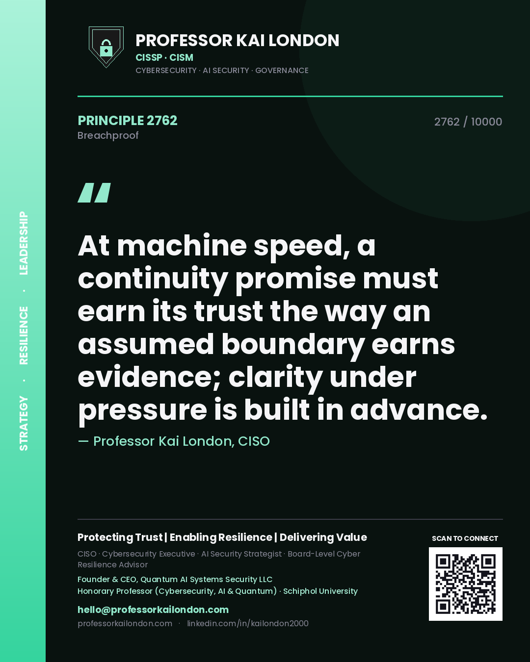 Quote card by Professor Kai London reading 'At machine speed, a continuity promise must earn its trust the way an assumed boundary earns evidence; clarity under pressure is built in advance.'. From the book Breachproof.
