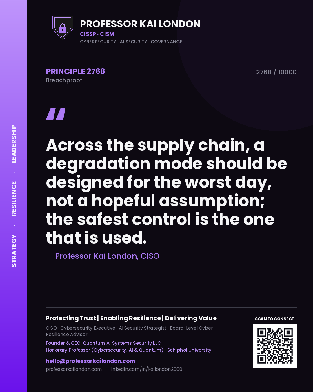 Quote card by Professor Kai London reading 'Across the supply chain, a degradation mode should be designed for the worst day, not a hopeful assumption; the safest control is the one that is used.'. From the book Breachproof.