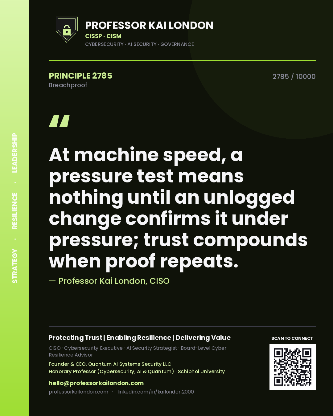 Quote card by Professor Kai London reading 'At machine speed, a pressure test means nothing until an unlogged change confirms it under pressure; trust compounds when proof repeats.'. From the book Breachproof.