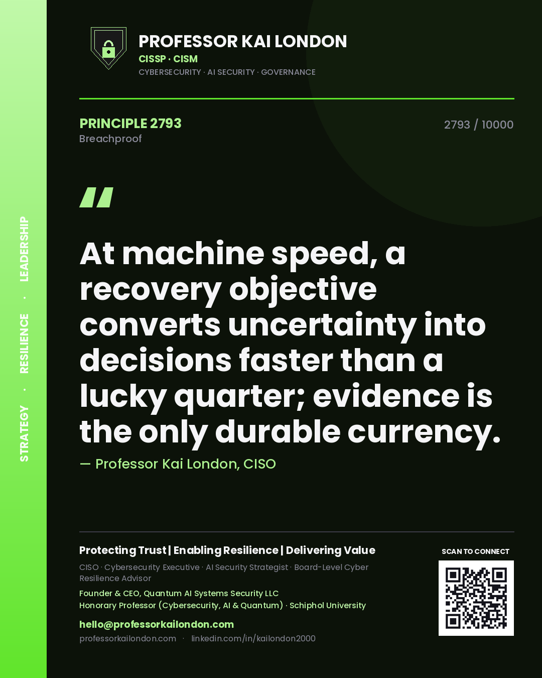 Professor Kai London principle 2793: At machine speed, a recovery objective converts uncertainty into decisions faster than a lucky quarter; evidence is the only durable currency.