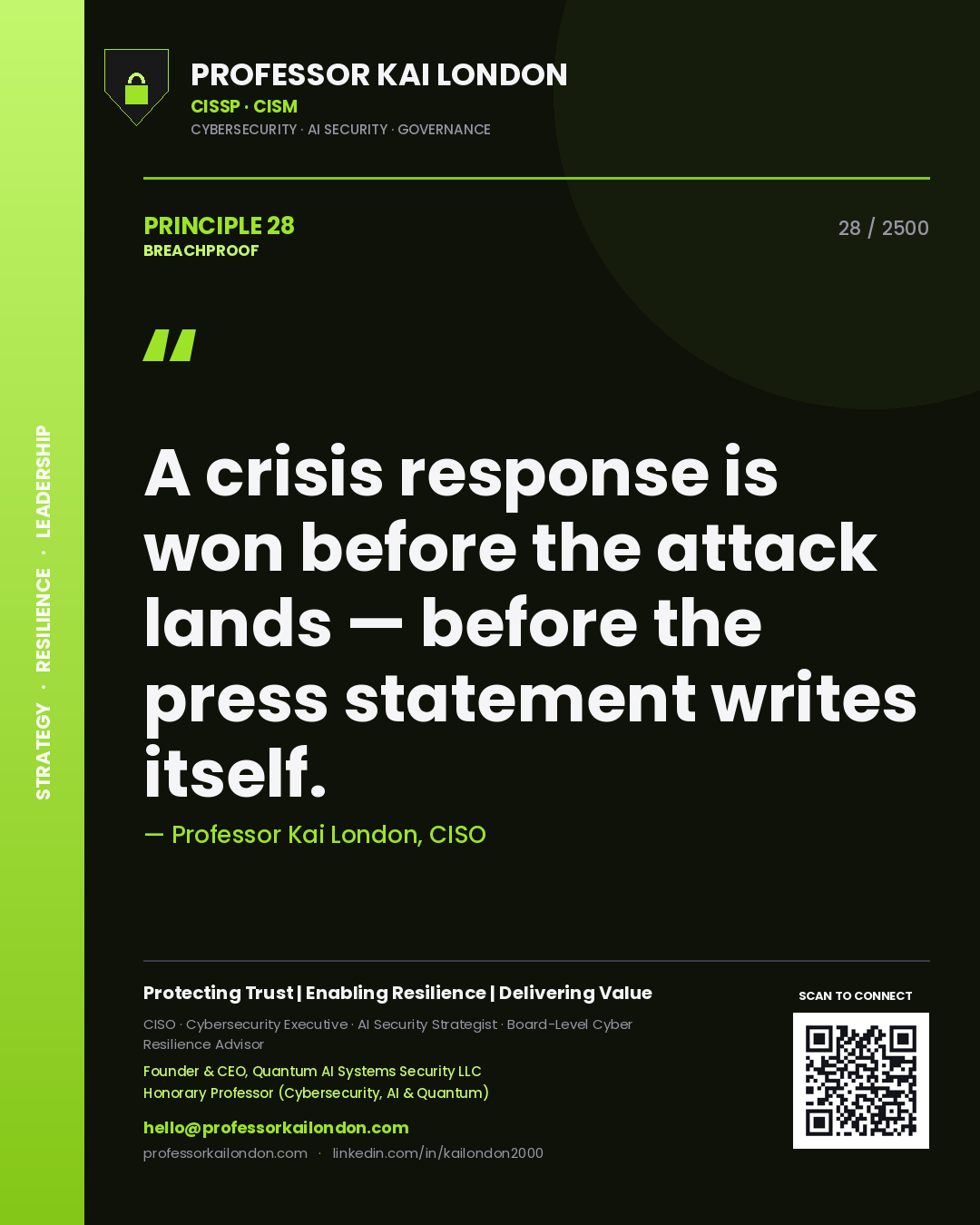 Quote card by Professor Kai London reading 'A crisis response is won before the attack lands — before the press statement writes itself.'. From the book Breachproof.
