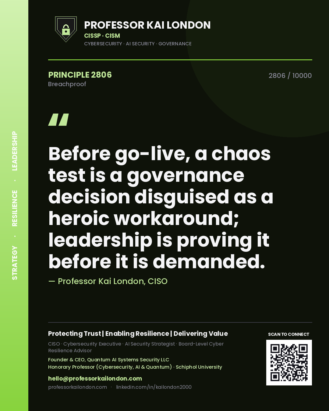 Quote card by Professor Kai London reading 'Before go-live, a chaos test is a governance decision disguised as a heroic workaround; leadership is proving it before it is demanded.'. From the book Breachproof.