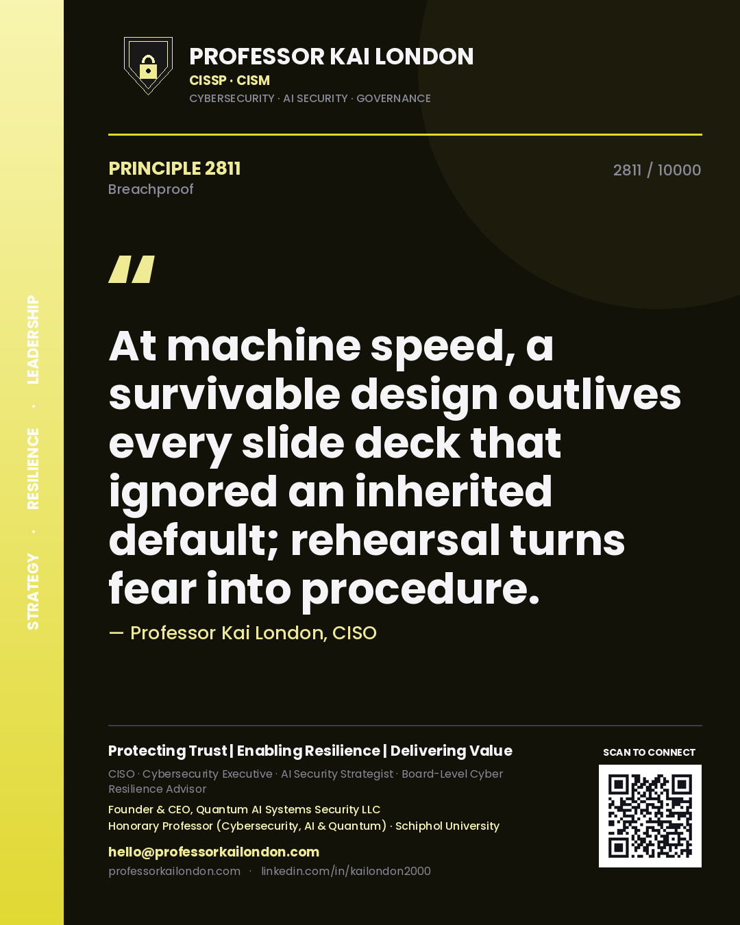 Quote card by Professor Kai London reading 'At machine speed, a survivable design outlives every slide deck that ignored an inherited default; rehearsal turns fear into procedure.'. From the book Breachproof.