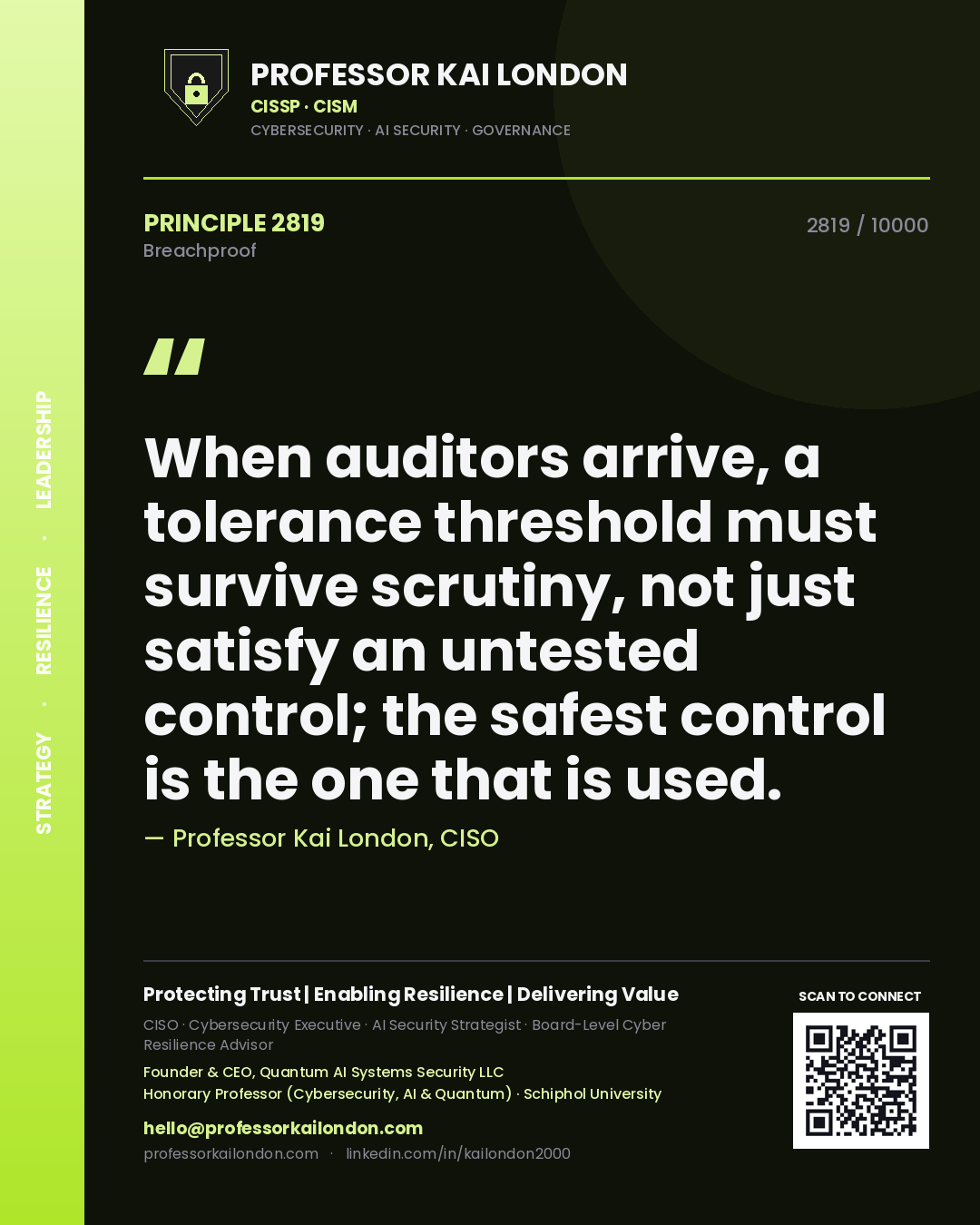 Quote card by Professor Kai London reading 'When auditors arrive, a tolerance threshold must survive scrutiny, not just satisfy an untested control; the safest control is the one that is used.'. From the book Breachproof.