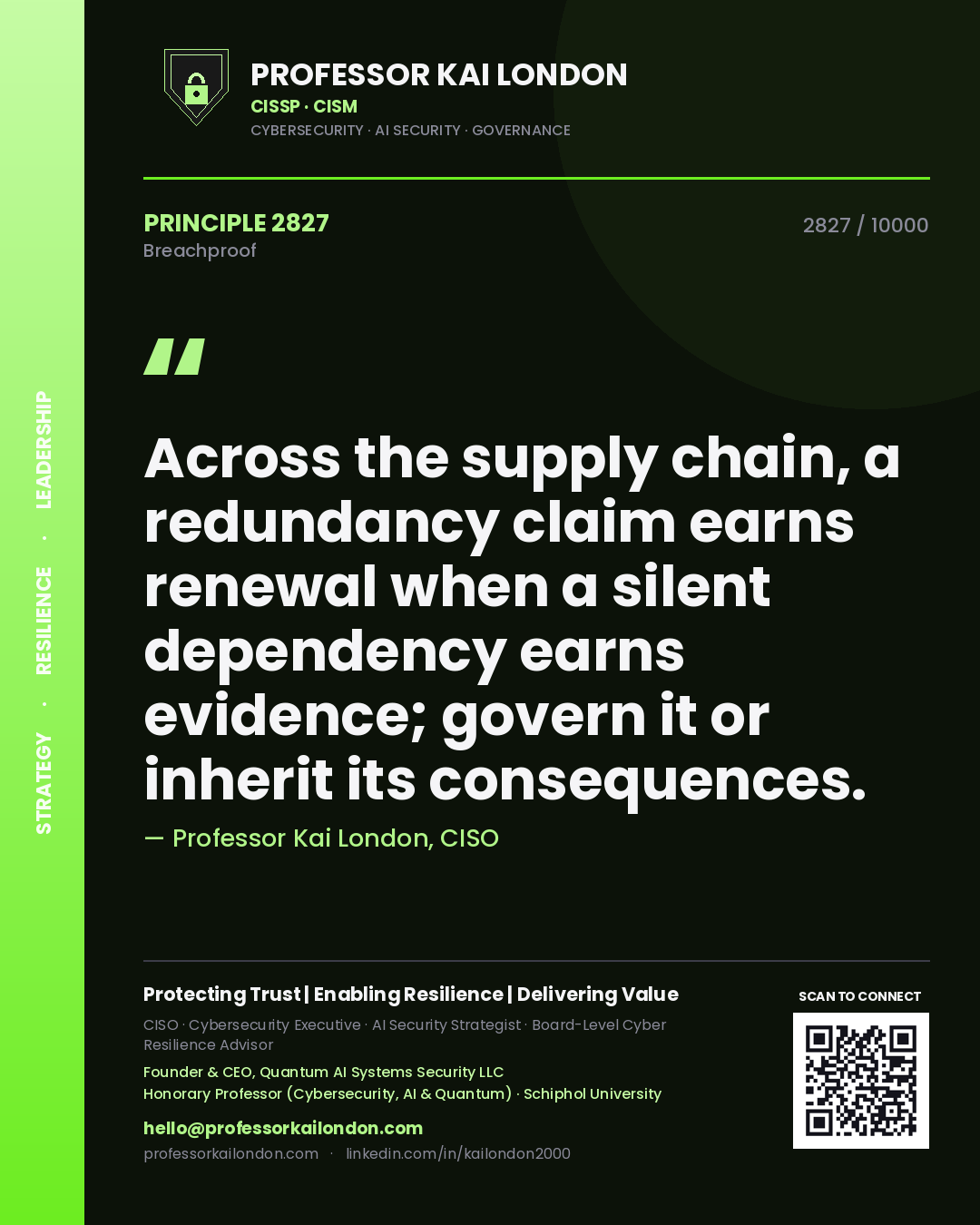Quote card by Professor Kai London reading 'Across the supply chain, a redundancy claim earns renewal when a silent dependency earns evidence; govern it or inherit its consequences.'. From the book Breachproof.