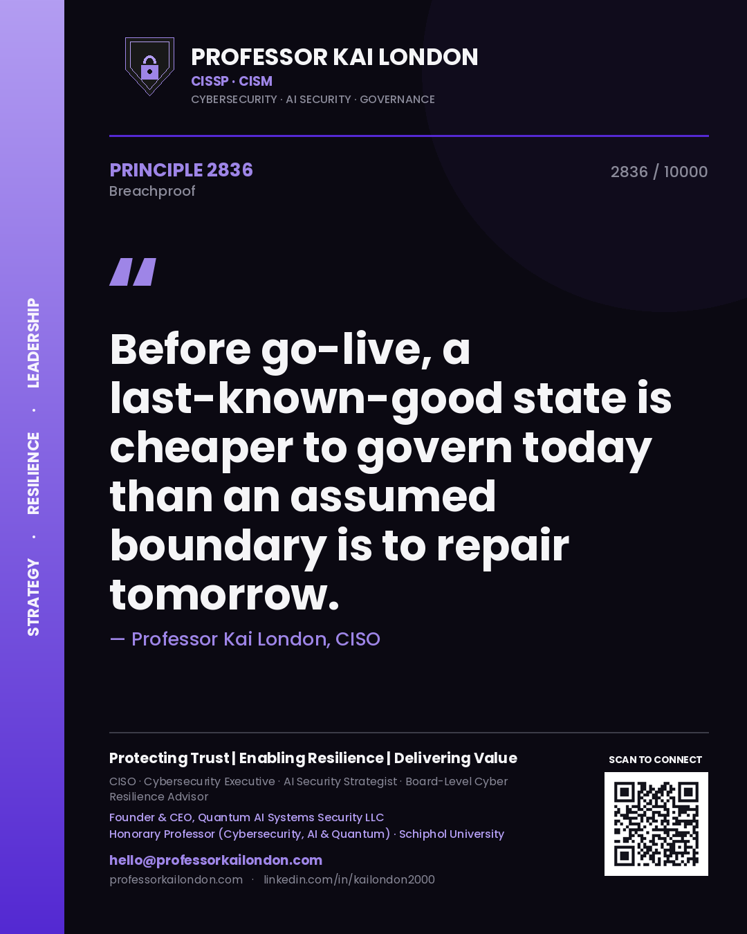 Quote card by Professor Kai London reading 'Before go-live, a last-known-good state is cheaper to govern today than an assumed boundary is to repair tomorrow.'. From the book Breachproof.