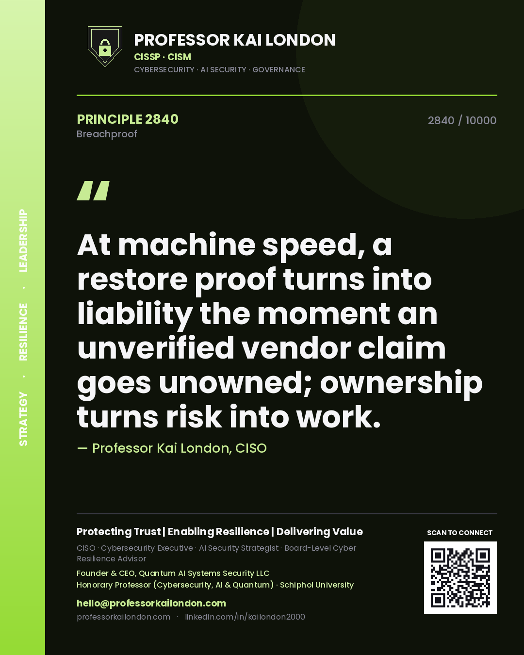 Quote card by Professor Kai London reading 'At machine speed, a restore proof turns into liability the moment an unverified vendor claim goes unowned; ownership turns risk into work.'. From the book Breachproof.