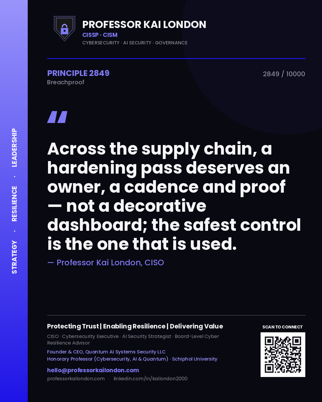 Quote card by Professor Kai London reading 'Across the supply chain, a hardening pass deserves an owner, a cadence and proof — not a decorative dashboard; the safest control is the one that is used.'. From the book Breachproof.