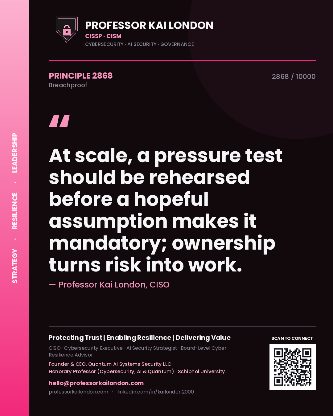Quote card by Professor Kai London reading 'At scale, a pressure test should be rehearsed before a hopeful assumption makes it mandatory; ownership turns risk into work.'. From the book Breachproof.