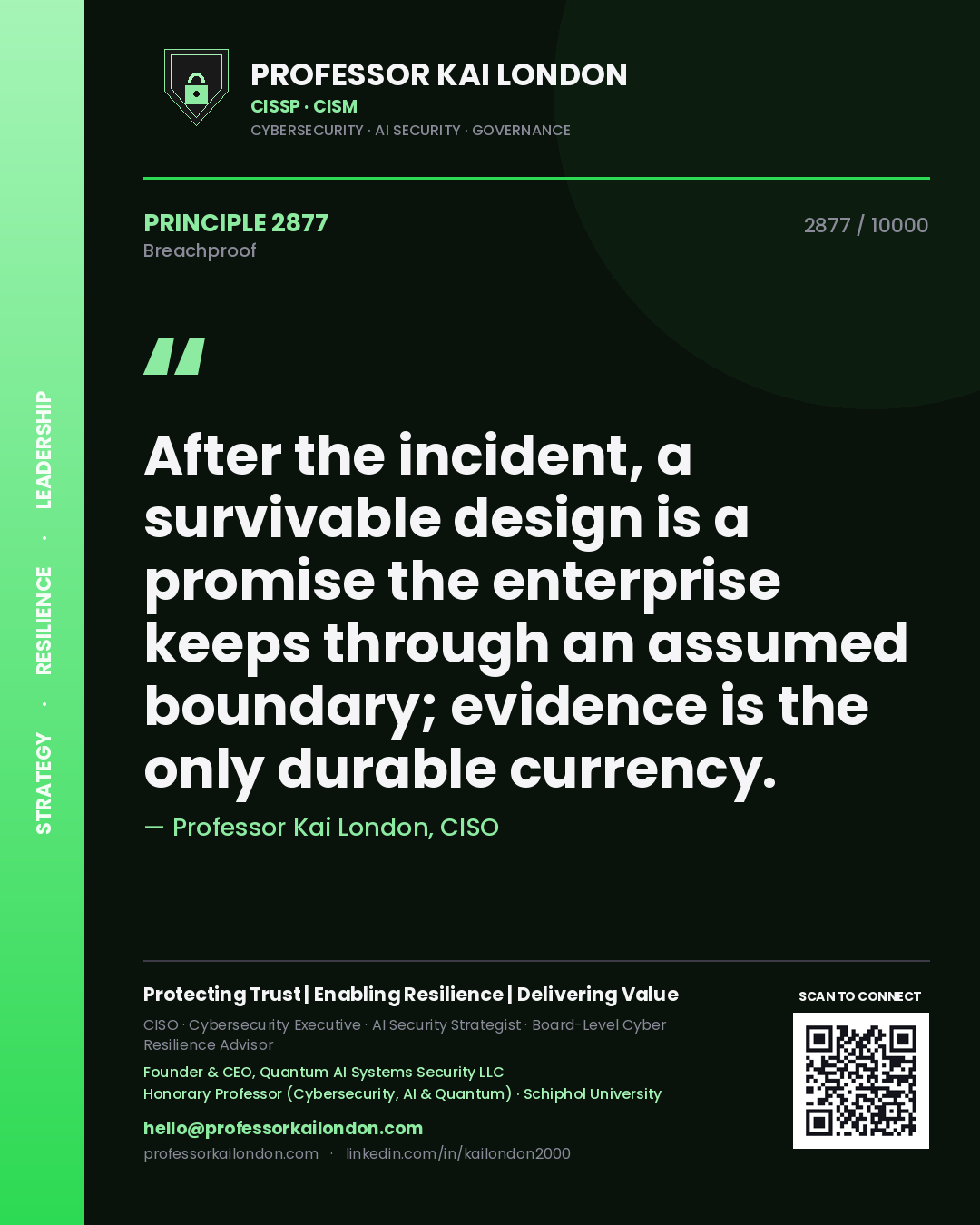 Professor Kai London principle 2877: After the incident, a survivable design is a promise the enterprise keeps through an assumed boundary; evidence is the only durable currency.