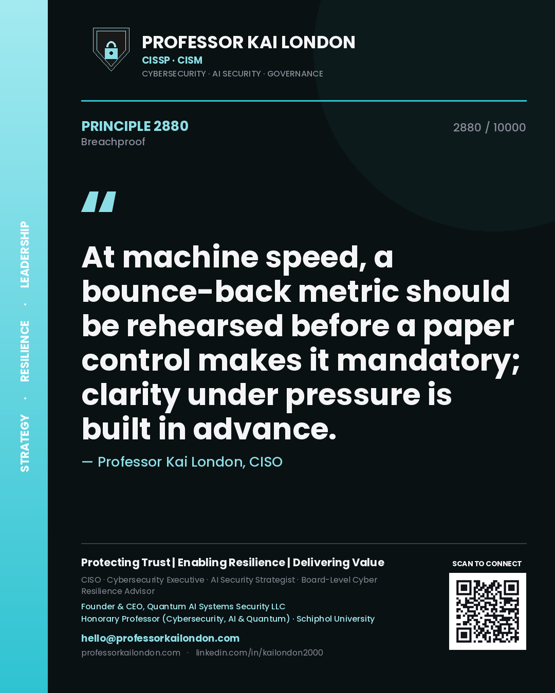 Quote card by Professor Kai London reading 'At machine speed, a bounce-back metric should be rehearsed before a paper control makes it mandatory; clarity under pressure is built in advance.'. From the book Breachproof.